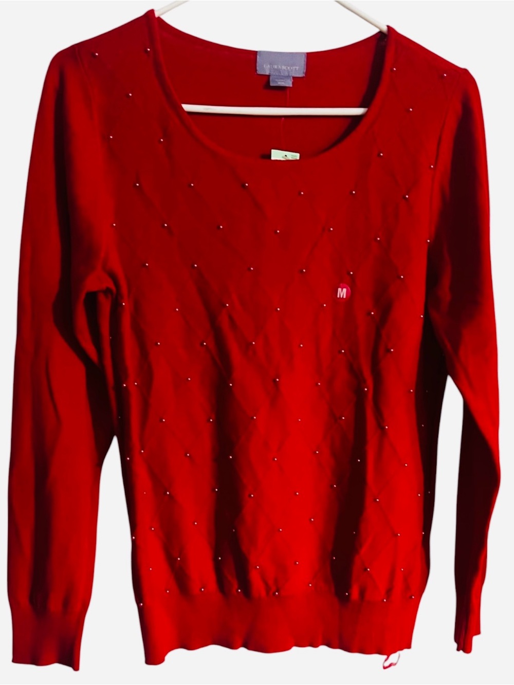 Karen Scott Sweater Top Size M New red with faux pearl accents